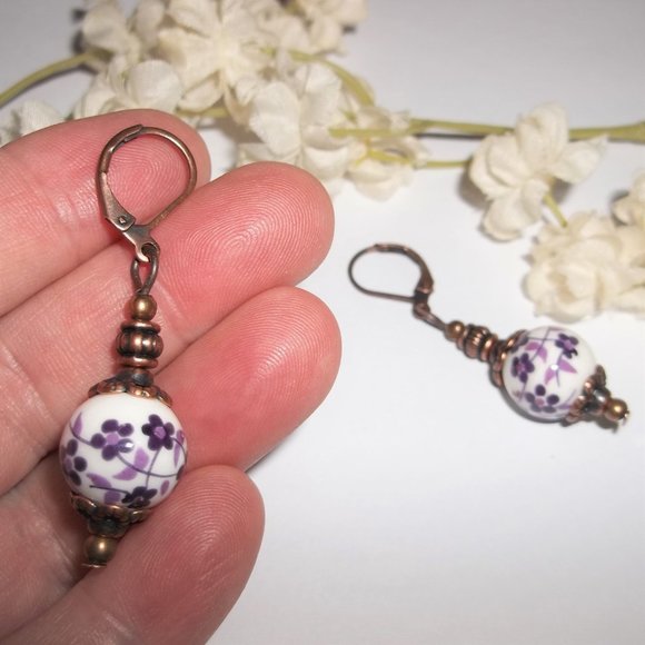 Boho Earring Set Floral Purple White and Rustic Copper Fashion Jewelry Set 7008 - Picture 7 of 9